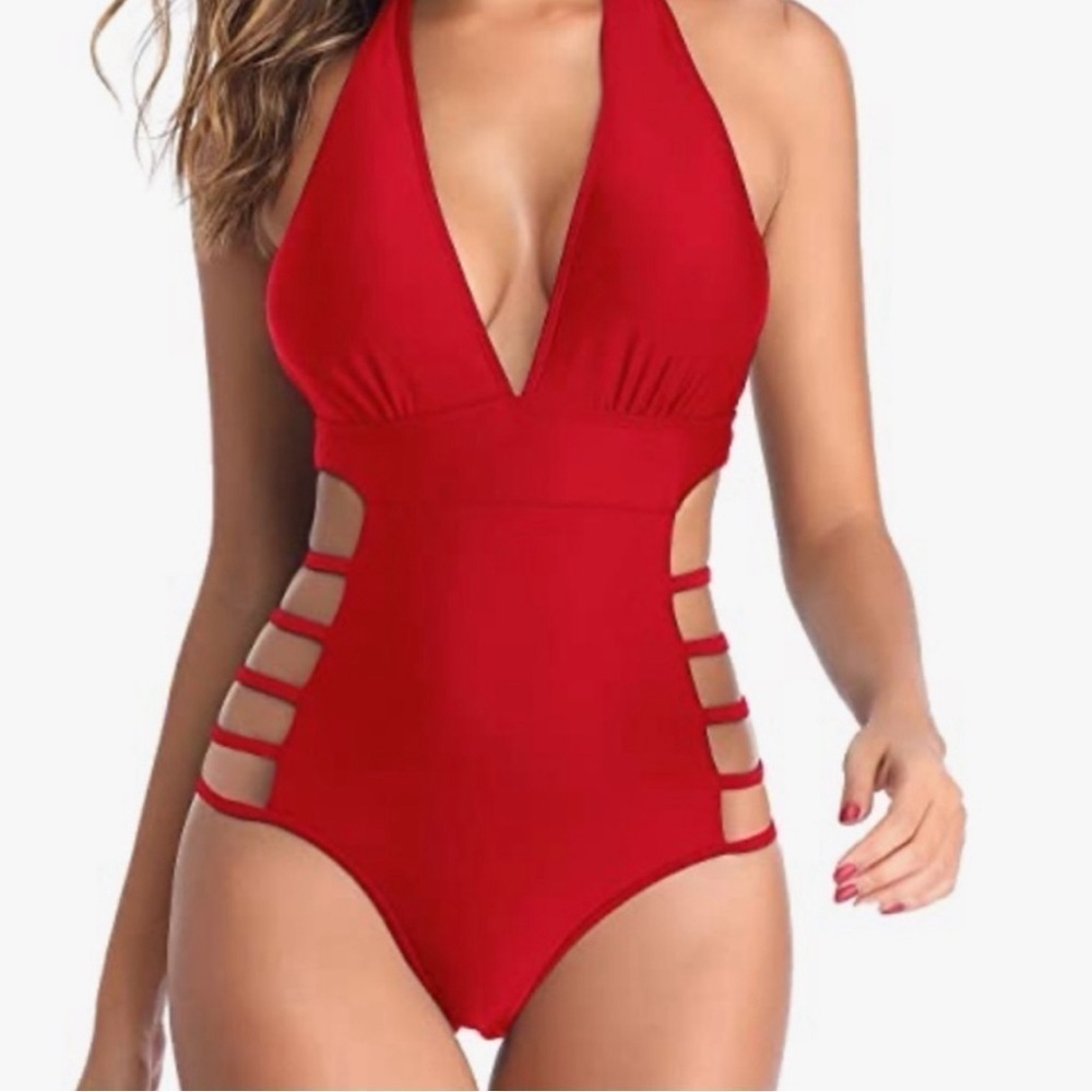 Aqua Eve Vibrant Solid Red Sexy Deep V Plunge Halter One‎ Piece Cutouts Small